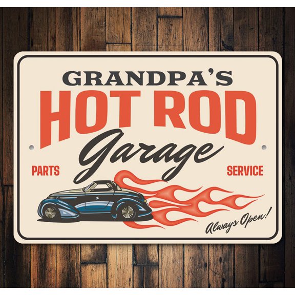 Hot Rod Garage Always Open Parts and Service Novelty Sign, Metal Wall Decor - 10x14 inches