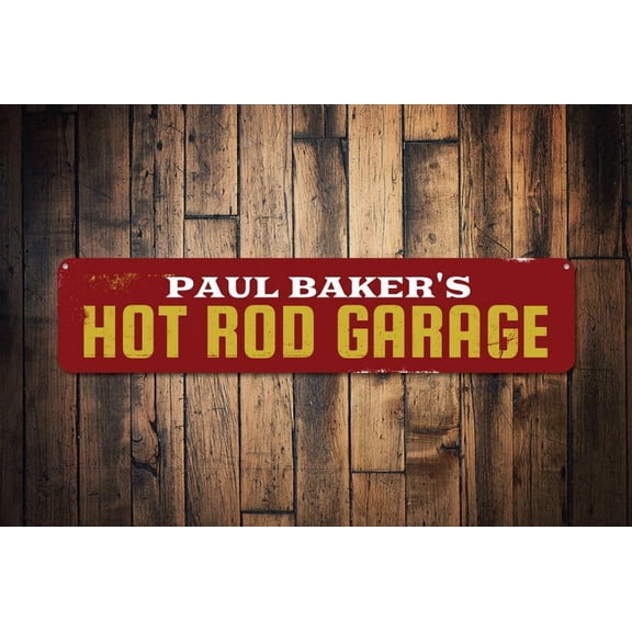 Hot Rod Garage Sign Mechanic Name Man Cave Sign Custom Garage Decor Old Time Cars Metal Car Lover Sign - Size: 16 x 4 Inches