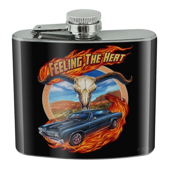 Hot Rod Muscle Classic Car Feeling Heat Steer Skull Stainless Steel 5oz Hip Drink Kidney Flask