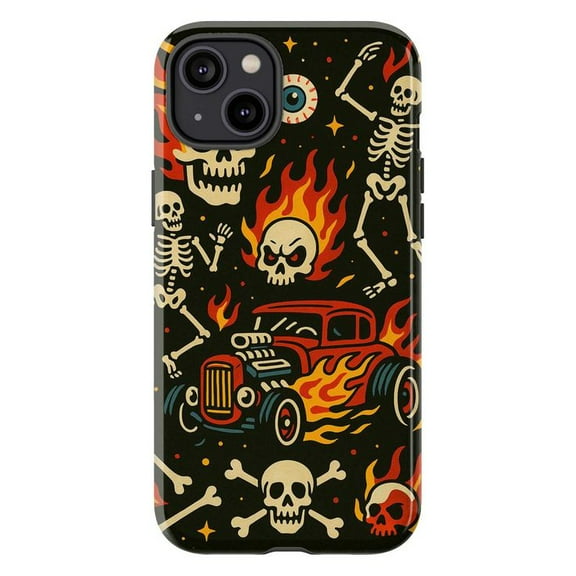Hot Rod Skeleton Halloween Phone Case for iPhone 16 15 14 13 12 11 Pro Plus Mini, Retro Tattoo Flame Skull Design, Dual Layer Protective Cover, Gift for Car Lovers & Rockabilly Fans