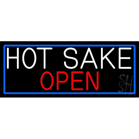 Hot Sake Open With Blue Border LED Neon Sign 13 x 32 - inches, Clear Edge Cut Acrylic Backing, with Dimmer - Bright and Premium built indoor LED Neon Sign for Bar decor.