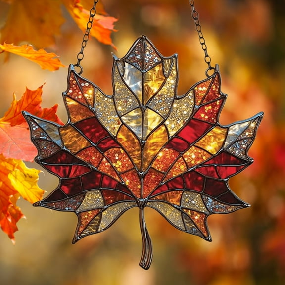 Hot Sale! Autumn Maple Leaf Pendant B-2025 Autumn Maple Ornament Stained Acrylic Glass Window Hanging Ornament Glitter Fall Decoration For Thanksgiving Autumn And Home Decor
