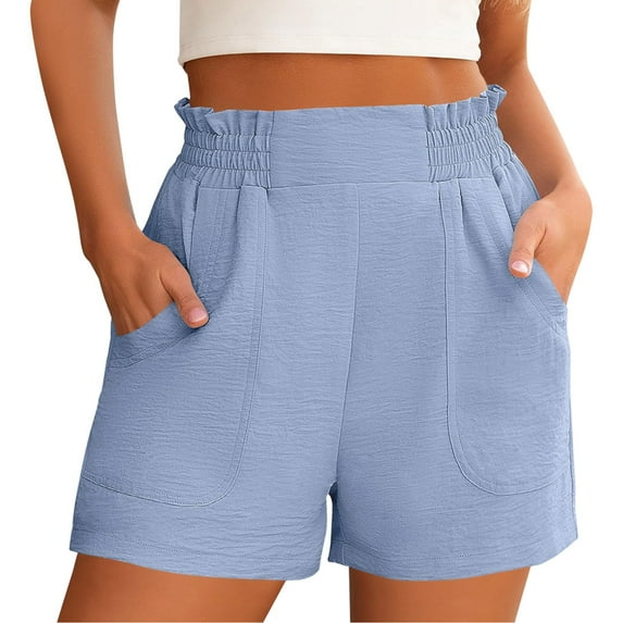 BKQCNKM Gauze Shorts for Women, Linen Shorts for Women, Women Beach Fashion, Casual Shorts Comfy Elastic Waist Lightweight Shorts, Summer Shorts for Women, Blue L