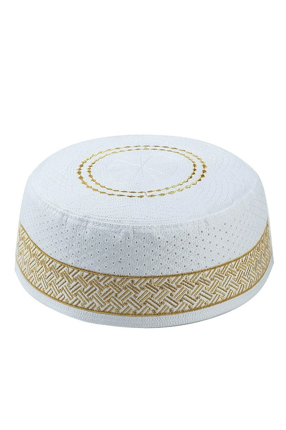 Kufi Hats for Men, Muslim Hats for Men, Eid Gift, Muslim Cotton Embroidered Flat Hat for Men, Arabian Omani Turkish Prayer Headwear, Gold 2 XL