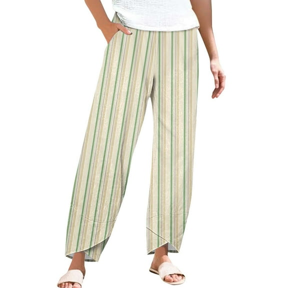 BKQCNKM Linen Pants, Palazzo Pants for Women, Petite Pants for Women, Striped Linen Pants Summer Casual Wide Leg Pants with Pockets, Striped Pants Women, Green 2 XL