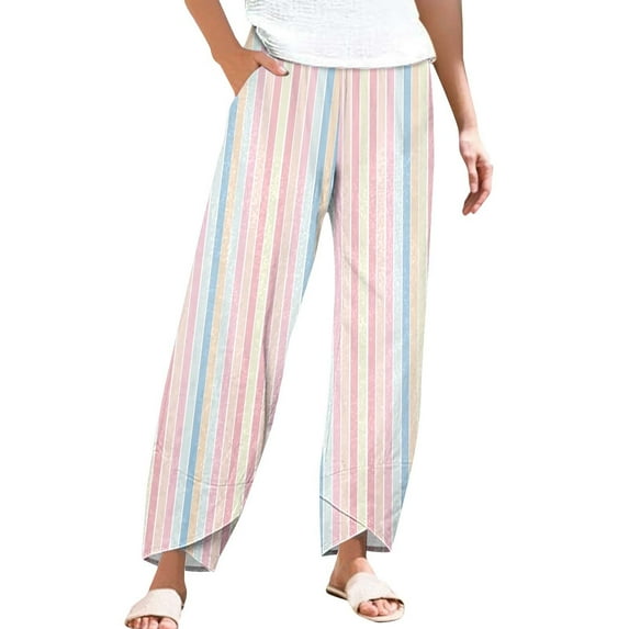 BKQCNKM Linen Pants Women, Gauze Pants, Striped Pants Women, Striped Linen Pants Summer Casual Wide Leg Pants with Pockets, Travel Pants Women, Pink 1 S