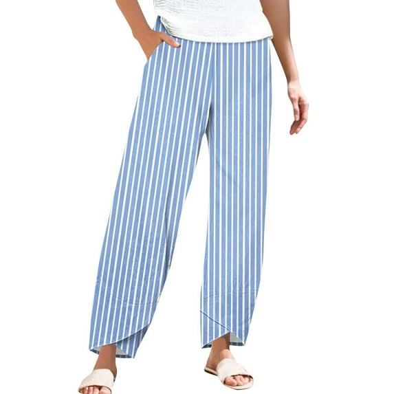 BKQCNKM Linen Pants Women, Gauze Pants, Striped Pants Women, Striped Linen Pants Summer Casual Wide Leg Pants with Pockets, Travel Pants Women, Sky Blue L