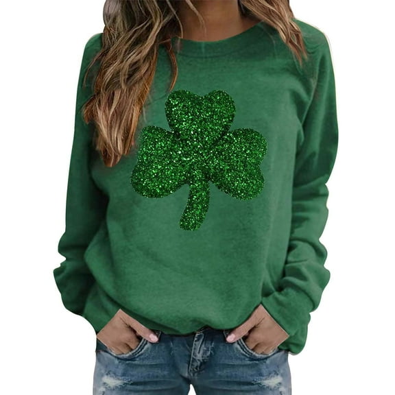 BKQCNKM St Patricks Day Shirt Women, Shamrock Shirt, Long Sleeve Shirts for Women, Fashion Casual Floral Print Round Neck Long Sleeve Top Sweatshirt, Graphic Tees for Women Green M