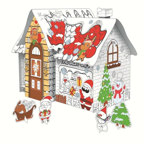 Hot Sale!Cardboard Coloring Gingerbread House for Kids,Foldable Coloring Gingerbread Cardboard House Christmas,Kids Crafts for Indoor Fun,Graffiti Christmas Mini Village Set,Cardboard Fort