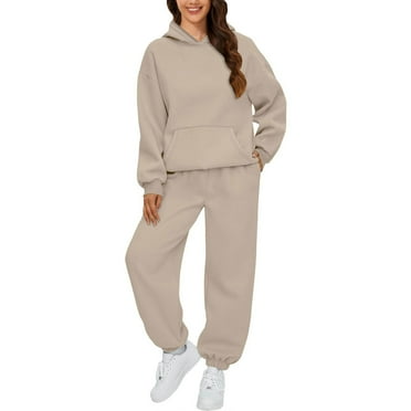 Hot Sale! Clearance! Womens 2 Outfits Hoodie Sweatsuit Sets Oversized Sweatshirt Baggy Fall Fashion Sweatpants with Pockets Beige L
