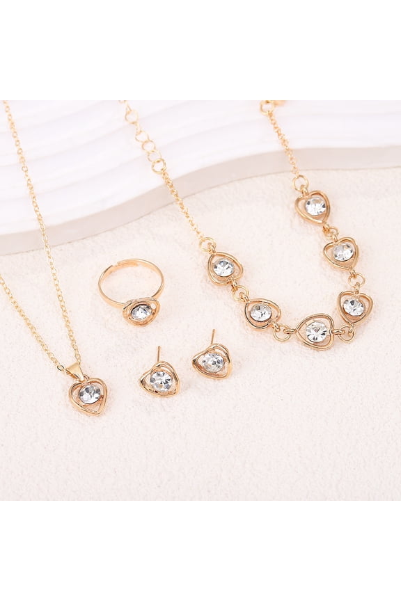 Hot Sale Crystal Heart Jewelry Set - Fashionable Four-Piece Set with Heart Necklace, Earrings, Ring, and Bracelet