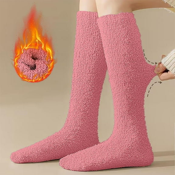 Hot Sale!! Fuzzy Socks Fluffy Thick Warm Winter Soft Cozy Plush Sleep Home Fleece Cabin Soft House Socks for Women Knee High Socks Long Thermal Soft Socks for Ladies Girls Hot Pink One Size