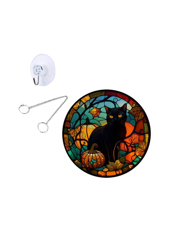 Hot Sale! Halloween Black Cat Bat Stained Glass Suncatcher Window Hanging Acrylic Wall Art Suncatcher Decoration Ghostss, 8×7 Inch