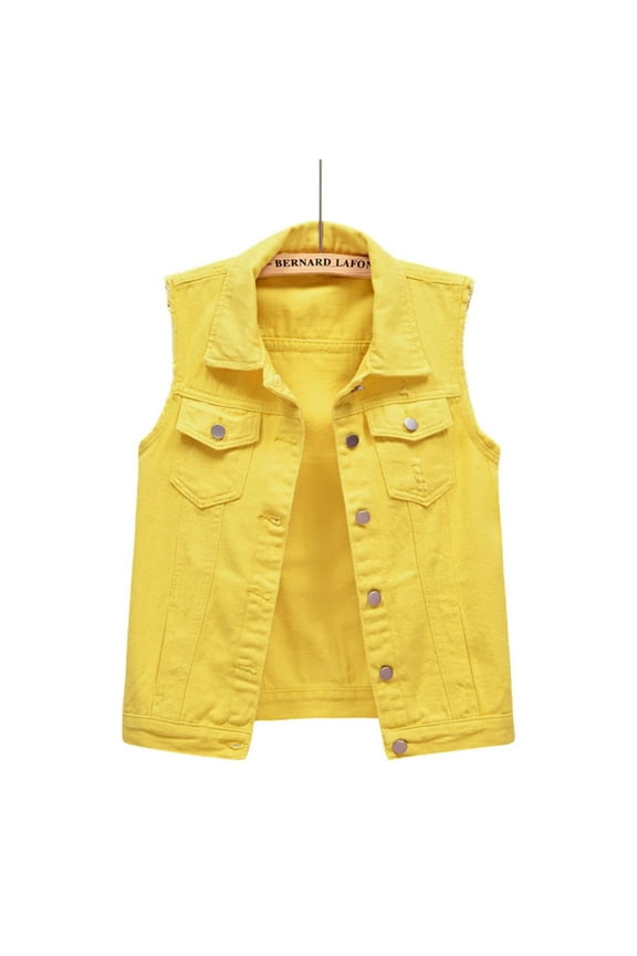 Hot Sale!! Jean Vest Top for Women 2025 Trendy Plus Size Denim Jacket Casual Comfy Button Down Sleeveless Cropped Waistcoat Frayed Jacket Coats with 2 Pockets Yellow S