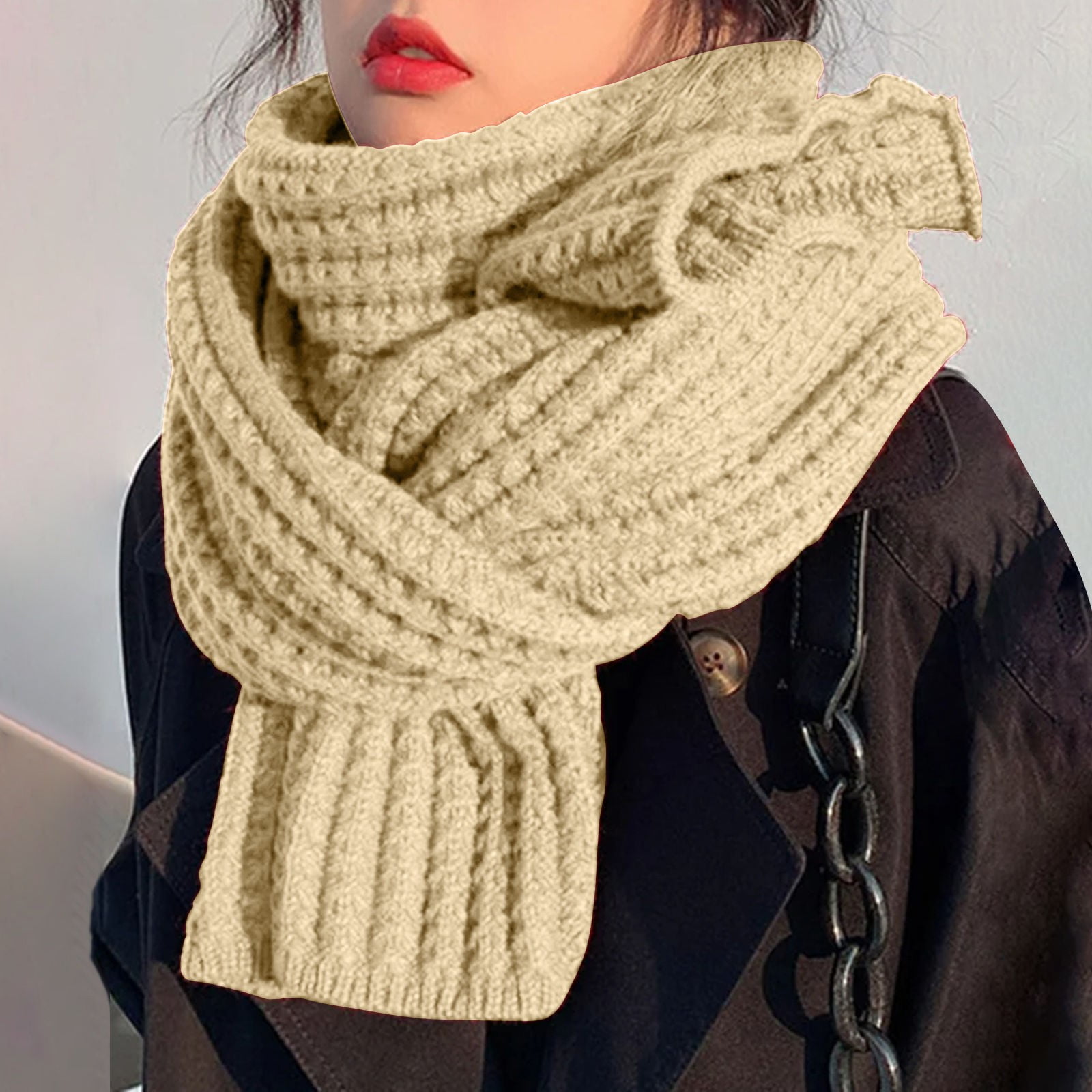 Women Winter Wool Knit Warm Soft Hooded Scarf