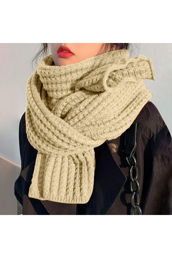 Hot Sale!! Winter Warm Knit Scarves Soft Warm Scarf Neck Warmer for Women Girls Women's Solid Color Knitted Wool Scarf Beige One Size