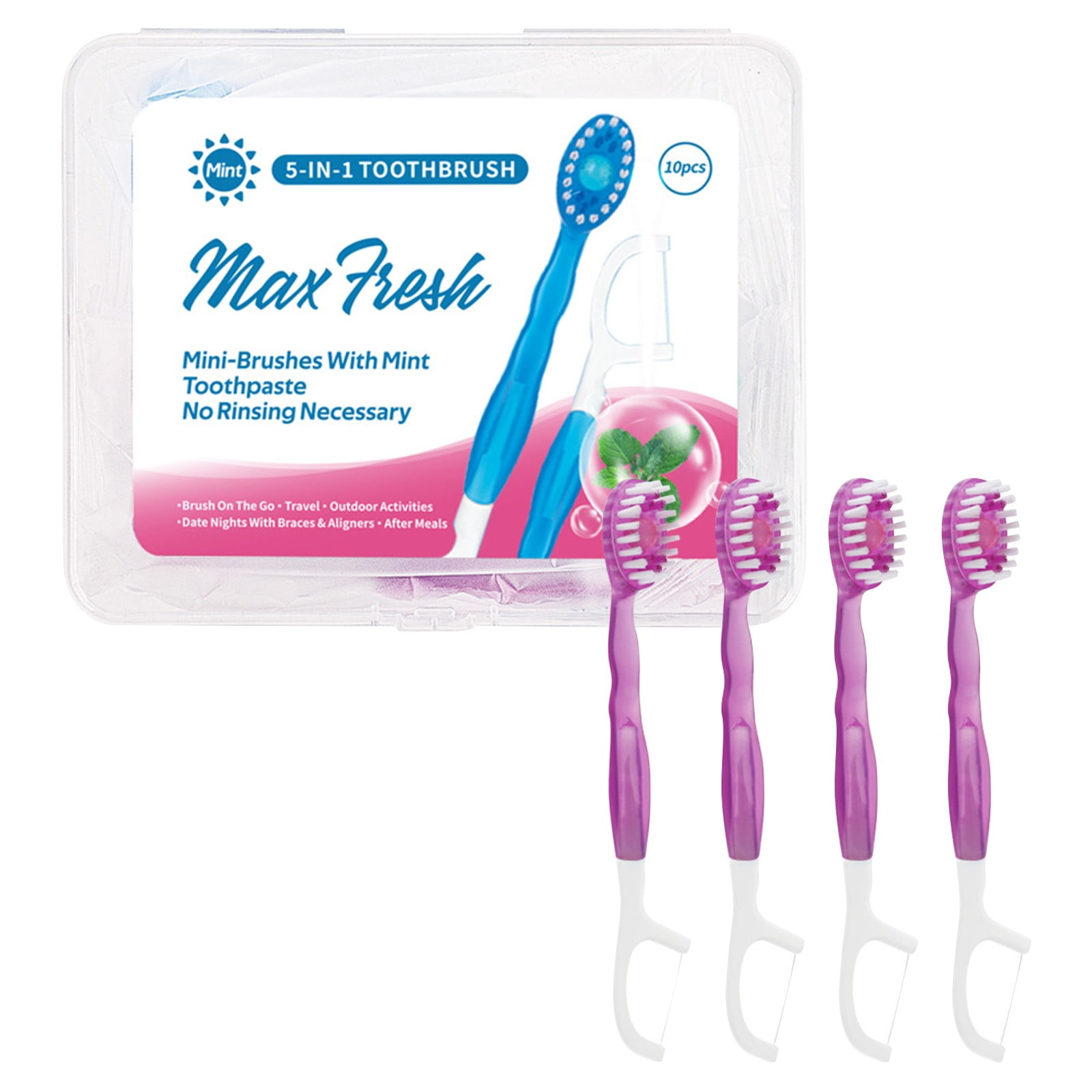Hot Sale Travel Ready Max Fresh 5 in 1 Travel Toothbrush Kit 10 Pack Mint Toothpaste Infused Ideal for Portable Oral Care