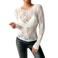 thumbnail image 1 of Uooqdmx Lace Tops for Women, Fitted Shirts for Women, See Through Tops for Women, Mesh Tops Lace Long Sleeve Shirts Crewneck Slim Outfits, Spring Tops for Women, White L, 1 of 4