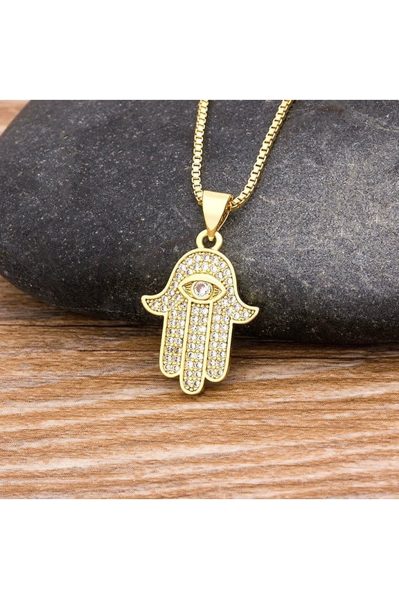 Hot Sale Women Men Hamsa Hand Necklace 14K Yellow Gold Zircon Evil Eye Pendant & Chain Hip Hop Turkish Luck Jewelry