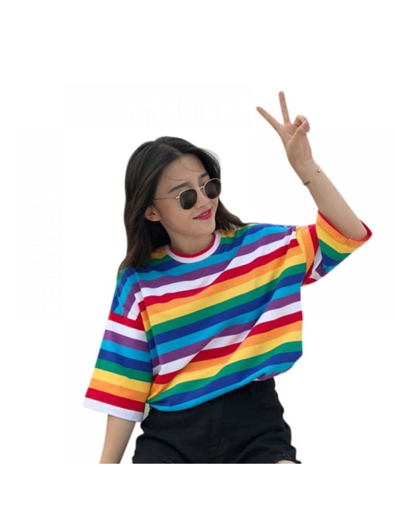 Hot Sale! Women Rainbow T Shirt Striped O-Neck Half Sleeves Stripes Tee Top Stripped Boyfreid Style Oversize,M-2XL