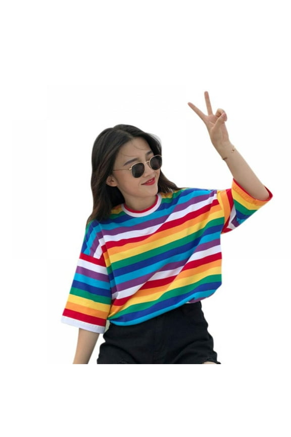 Hot Sale! Women Rainbow T Shirt Striped O-Neck Half Sleeves Stripes Tee Top Stripped Boyfreid Style Oversize,M-2XL