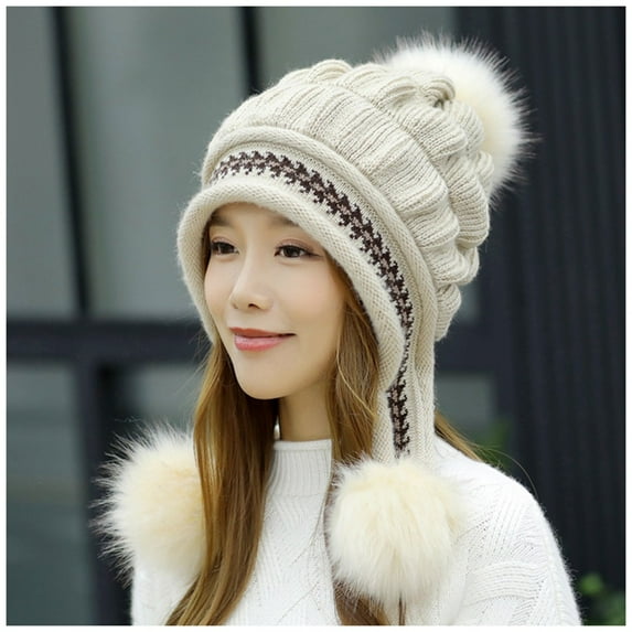 Hot Sale!! Women Winter Beanie Hat Circle Scarf Set Pompoms Peruvian Ski Snow Ear Flaps Sherpa Knit Hats Fleece Lined Keep Winter with Hair Hemming Knitted Warm Baseball Caps Beige One Size