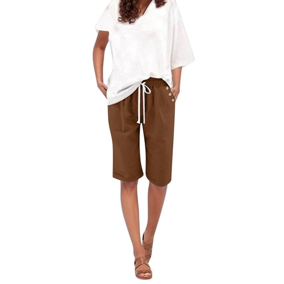 Hot Sale!! Women's Bermuda Linen Shorts Knee Length Long Comfy Drawstring Walking Shorts for Women with Deep Pockets Ladies Casual Thin Outer Wear Elastic Belt In Trousers Large Size Loose Pants