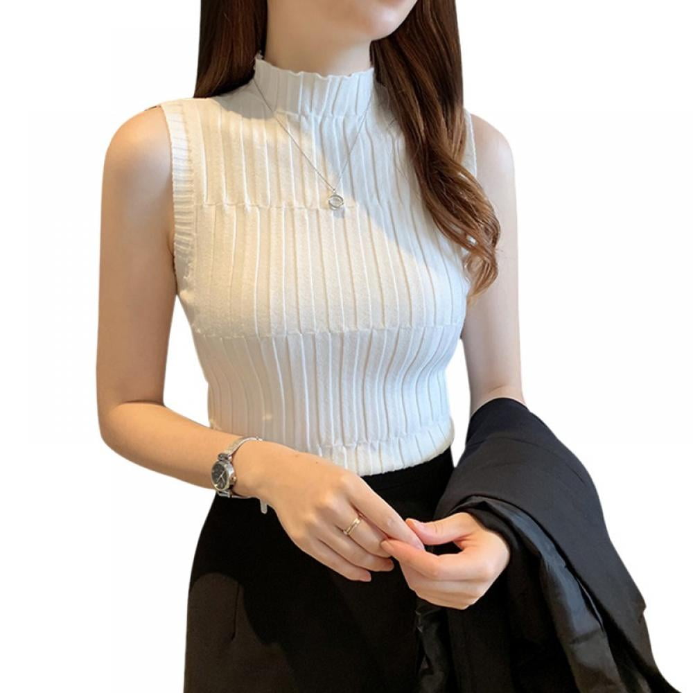 Hot Sale Women s Retro Solid Half Turtleneck Sleeveless Fashion Slim All match Knitted T Shirt Vest Tunic Tops One Size White