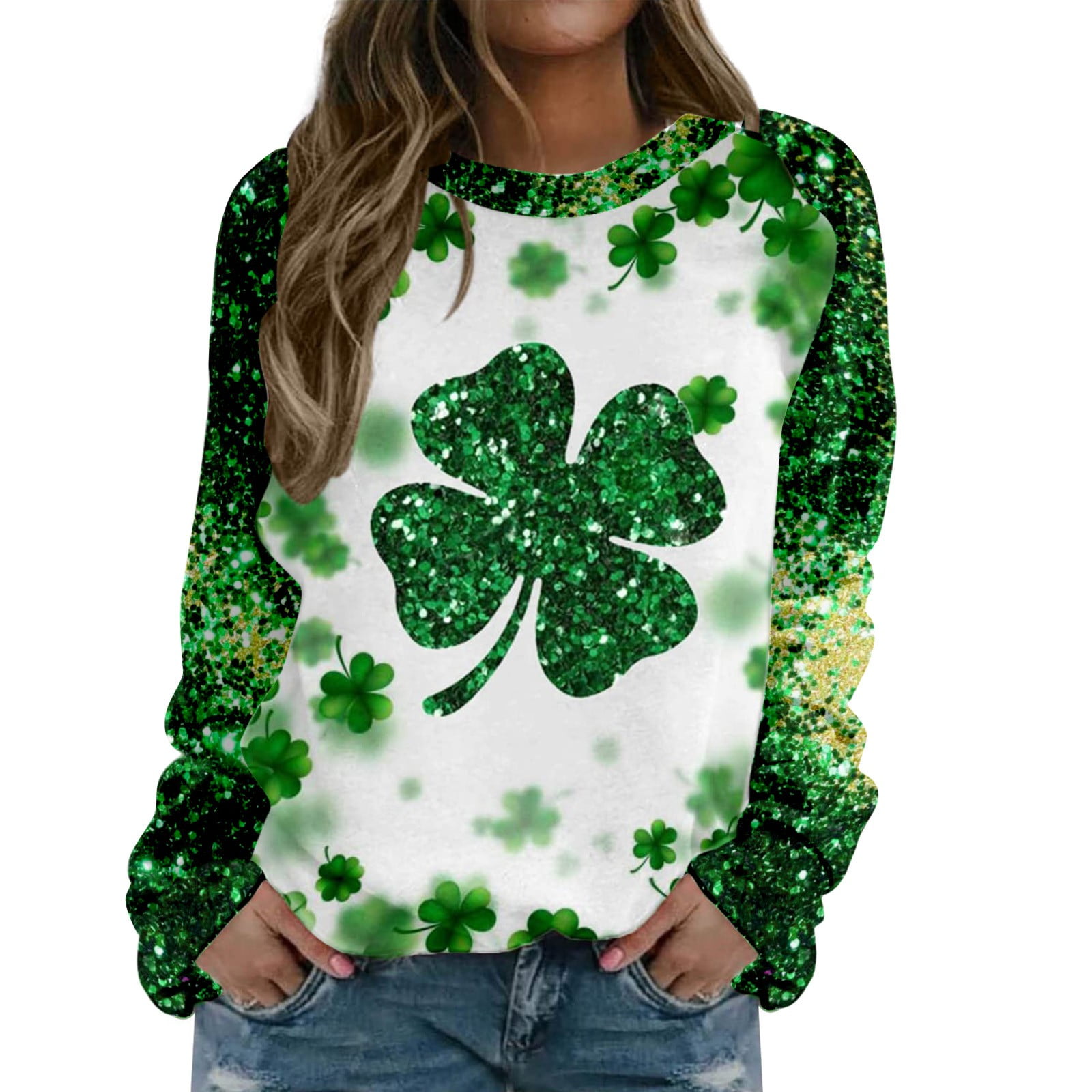 Women's 3/4 Sleeve St. Patrick's Day Shamrock Print T-Shirt - Irish Clover Casual Top For St. Paddy's