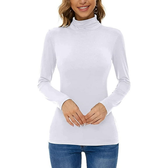 Hot Sale!! Women's Turtleneck Long Sleeve Thermal Tunic Shirts Casual Slim Fit Lightweight Basic Layer Tops Active Layer Shirts White M