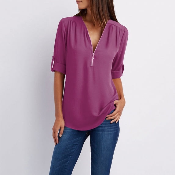 Hot Sale!! Women's V Neck Chiffon Blouse Half Zip Up Tunic Shirts 3/4 Roll Sleeve Tops Work Casual Zipper Loose Tunic Shirt Tops Purple 3XL