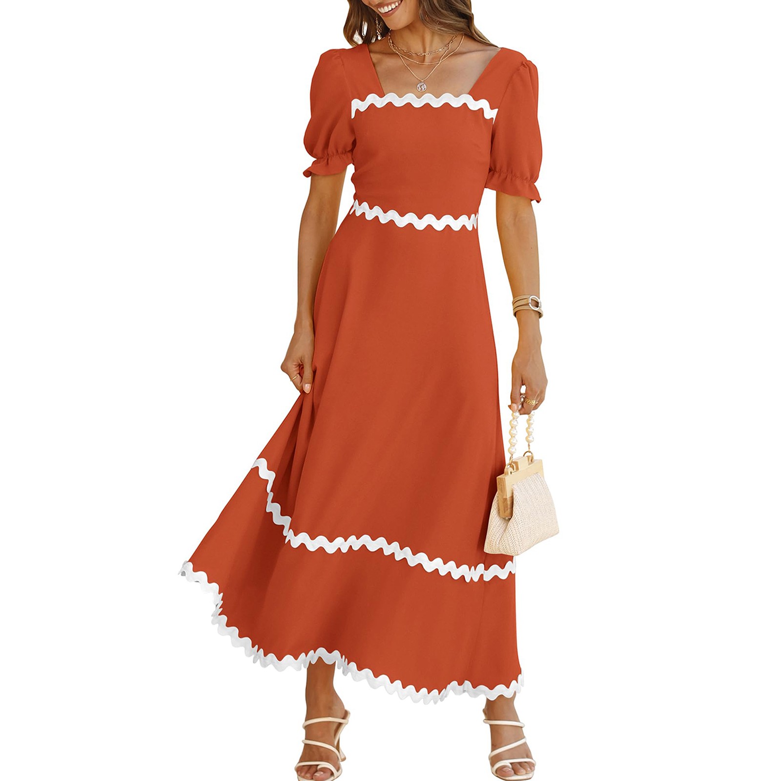 Hot Sale!!Womens Solid Color Square Neck Short Puff Sleeve Dress Casual