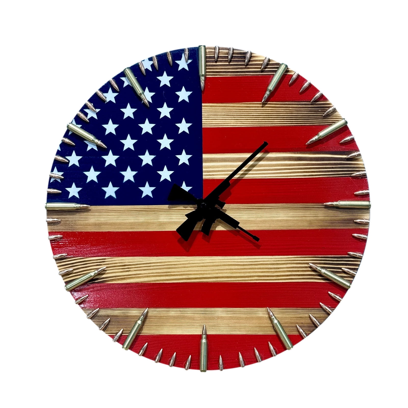 Hot Sale！Wooden American Flag Wall Clock with Bullets,No Ticking Silent