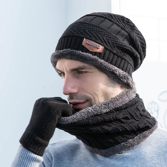 Hot Sales Under $5 Black Unisex Warm Hat Gloves Kit GIJNRIUIUA Knitted Windproof Fleece Men's Winter Hat Winter Men's Gloves Scarf Hat Three- Warm Hat Knitted Hats