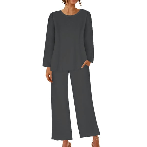 Hot Sales CNJKEHIUV Under $14 Women's Solid Round Neck Casual Home Wear Two Piece Pajamas Grey L