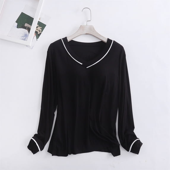Hot Sales CNJKEHIUV Under $9 Women's Long Sleeve Sleep T Shirt Basic Layer Stretchy Shirts Neck Pajama Top Black L