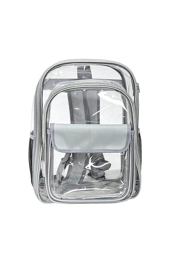 Hot Sales Grey Clear Backpack Transparent Bookbag Fabric Flap Front Pocket Side Mesh Water Bottle Pockets Adjustable Shoulder Straps See Through Backpack for School Concert Sports Travel