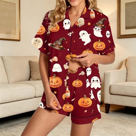 Hot Sales Under $10 CNJKEHIUV Halloween Pajamas Women Short Sleeve Button Top Matching Shorts 2026 Fall Cute Satin Pumpkin Sleepwear Wine Red XL