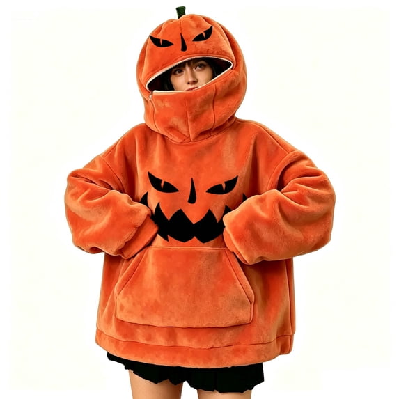 Hot Sales Under $12 CNJKEHIUV Halloween Pumpkin Hoodie Plush Oversized Unisex Costume S