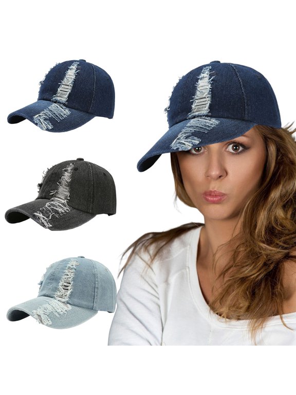 Hot Sales Under $5 Light blue Trucker Hat GIJNRIUIUA Men Ladies Hat Fashion Baseball Cap Ripped Denim Buckle Outdoor Sunshade Hat Running Hat