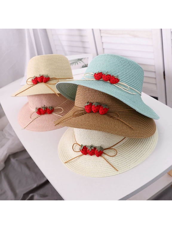 Hot Sales Under $5 Light blue Wide Brim Straw Hat GIJNRIUIUA Fisherman Hatstraw Woven Strawberry Decorationoutside Women Bucket Hats