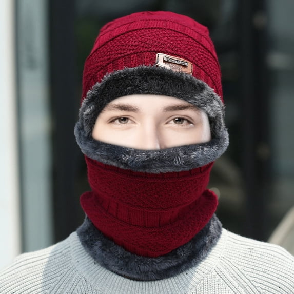 Hot Sales Under $5 Red Winter Beanie GIJNRIUIUA Suit Windproof Winter Plush Hat Scarf Cycling Thermal Two- Baseball Caps Hijab Cap