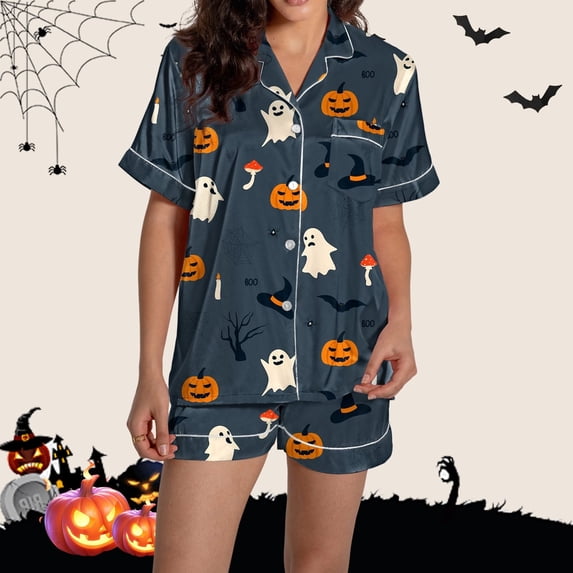 Hot Sales Under $8 CNJKEHIUV Women Pajamas Graphic Printed Satin Cute Sleepwear Buttons Short Sleeve Tops Shorts Sets Blue S