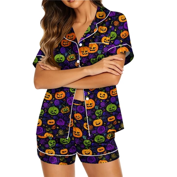 Hot Sales Under $8 CNJKEHIUV Womens Pajama Sets Halloween Print Buttoned Waist Set Short Sleeve Top and Shorts Purple 3XL