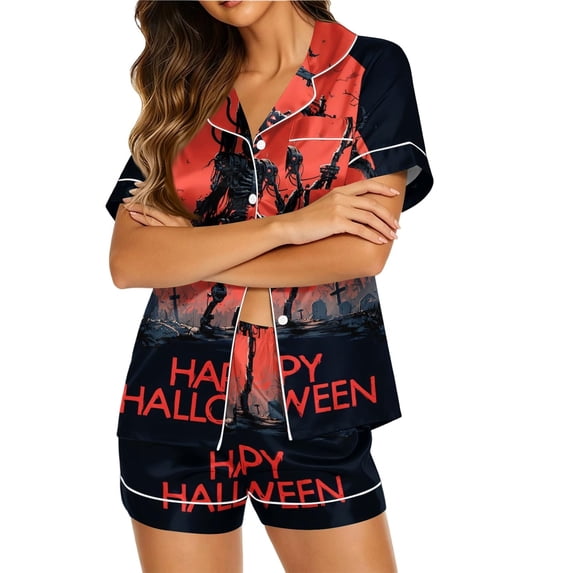 Hot Sales Under $8 CNJKEHIUV Womens Pajama Sets Halloween Print Buttoned Waist Set Short Sleeve Top and Shorts Red 4XL