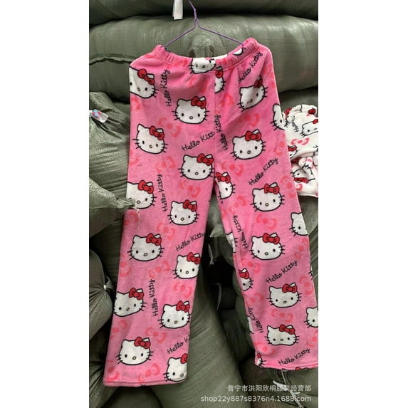 Hot Sanrio Hello Kitty Pajamas Black Flannel Women Kawaii Woolen White Cartoon Casual Home Pants Autumn Fashion Trousers