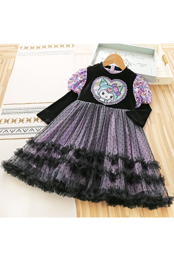 Hot Sanrios Girl Lolita Princess Dress Anime Long Sleeve Bubble Skirt Cartoon Casual Mesh Skirt Cute Cosplay Dress Holiday Gift
