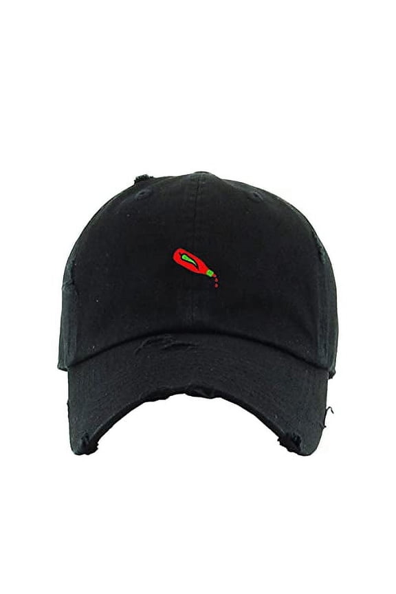 Hot Sauce Bottle Vintage Baseball Cap Embroidered Cotton Adjustable Distressed Dad Hat Black