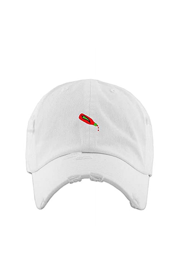 Hot Sauce Bottle Vintage Baseball Cap Embroidered Cotton Adjustable Distressed Dad Hat White