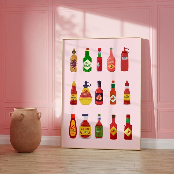 Hot Sauce Kitchen Wall Art Food Poster Trendy Kitchen Decoration Art Piece Statement Sign, Unframed Canvas 8x10in